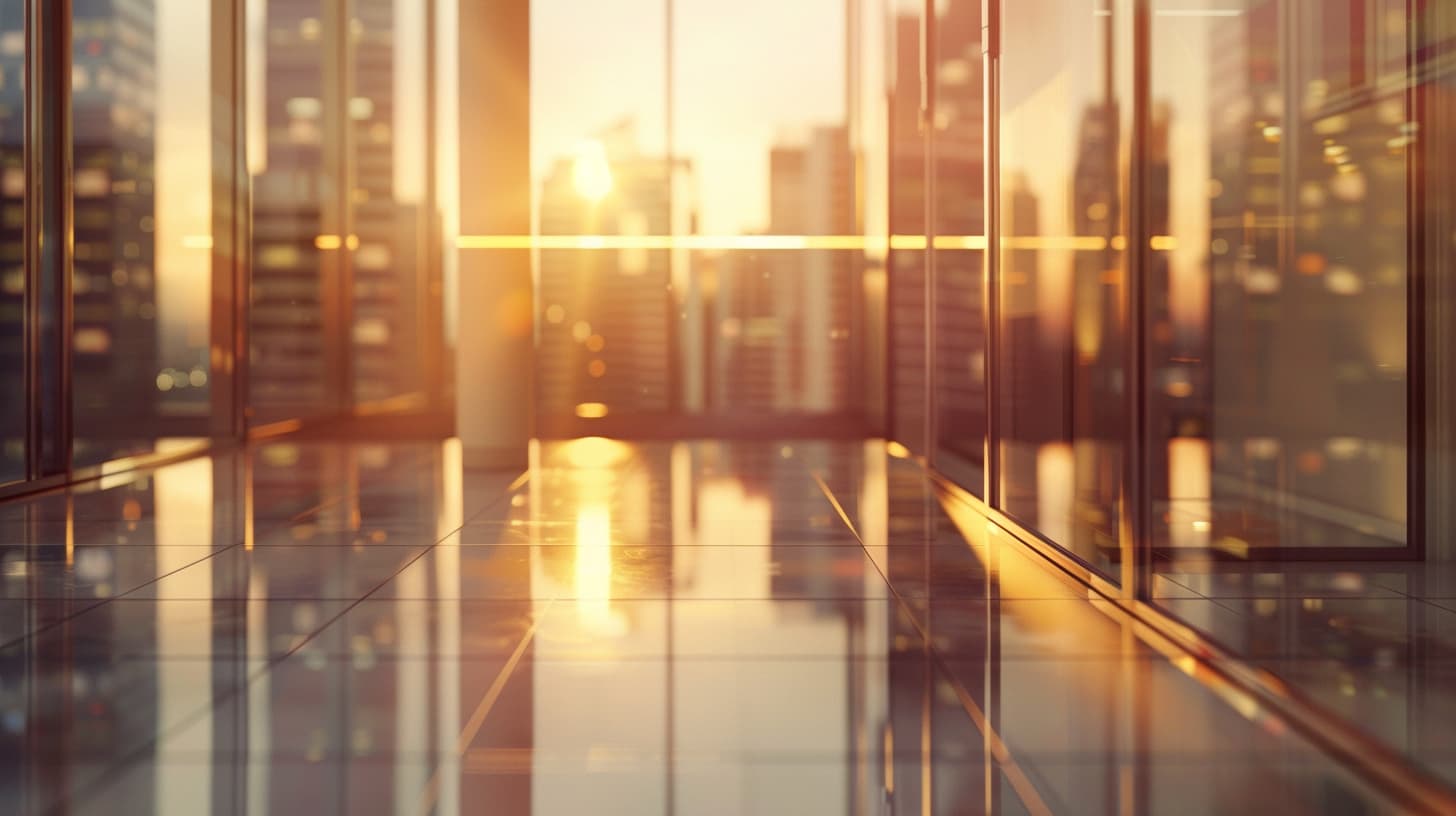 Glass corridor with warm lighting