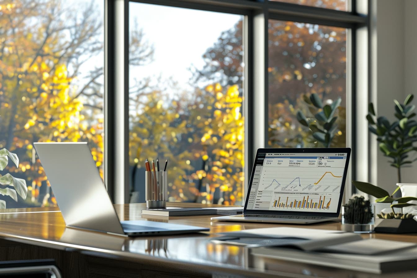 Laptop dashboard and analytics charts by a window