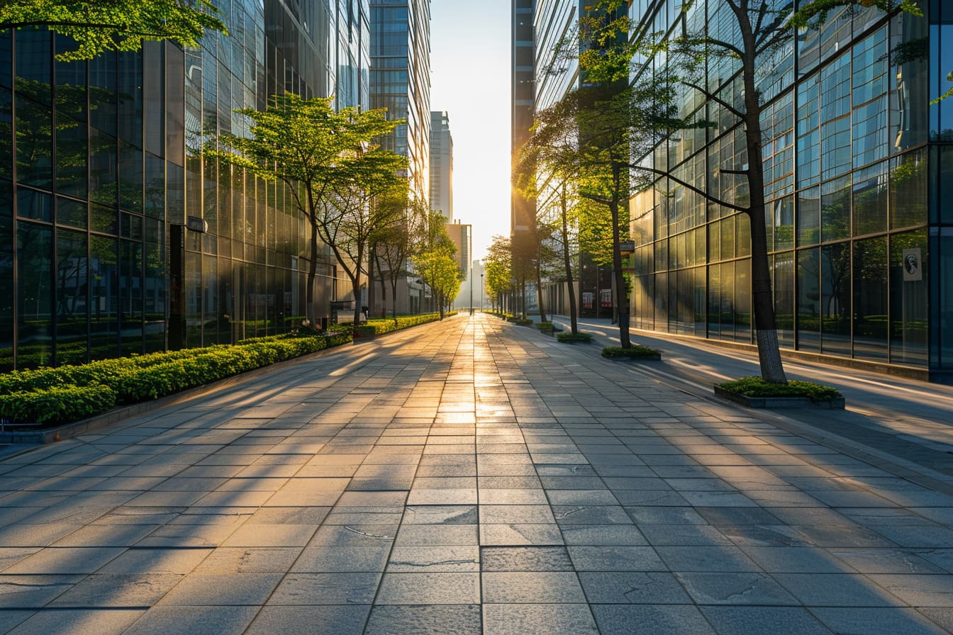 Tree-lined corporate campus walkway at sunrise